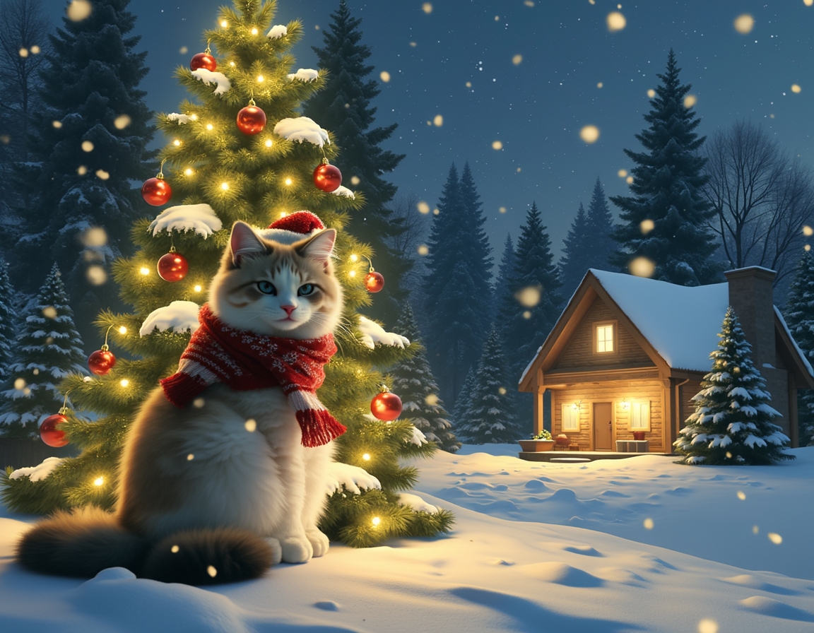 Cat sits beside a glowing Christmas tree, wearing a festive scarf and Santa hat. Snow falls gently, with a cozy cabin and snow-covered trees in the background.